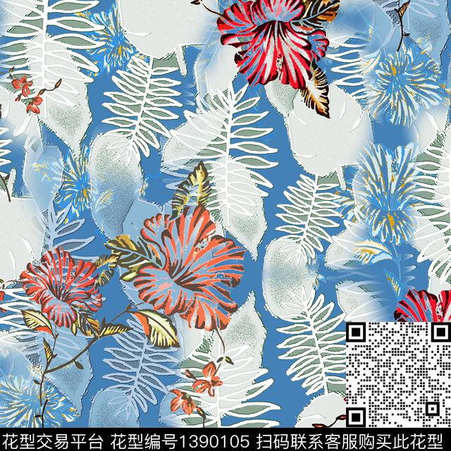 绿植树叶花卉异域热带印花数码印花华亿平台下载（图片编号: 1390105） - 瓦栏（Walan）