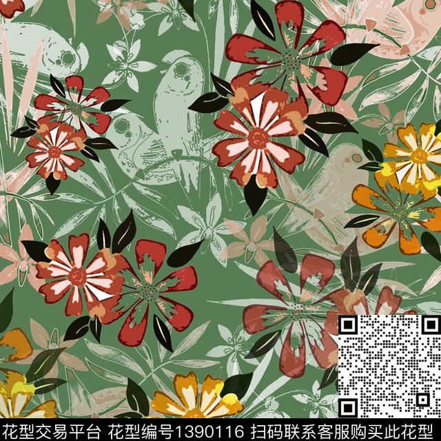 绿植树叶花卉异域热带印花数码印花华亿平台下载（图片编号: 1390116） - 瓦栏（Walan）