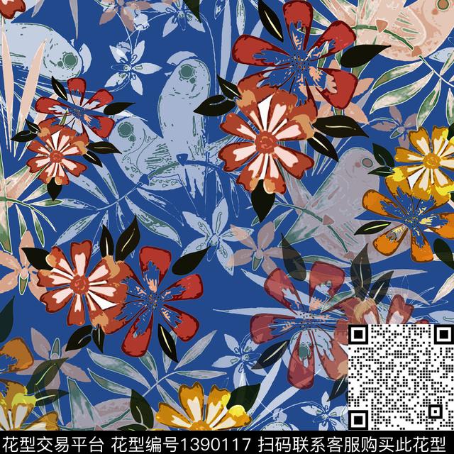 绿植树叶花卉异域热带印花数码印花华亿平台下载（图片编号: 1390117） - 瓦栏（Walan）