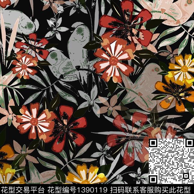绿植树叶花卉异域热带印花数码印花华亿平台下载（图片编号: 1390119） - 瓦栏（Walan）