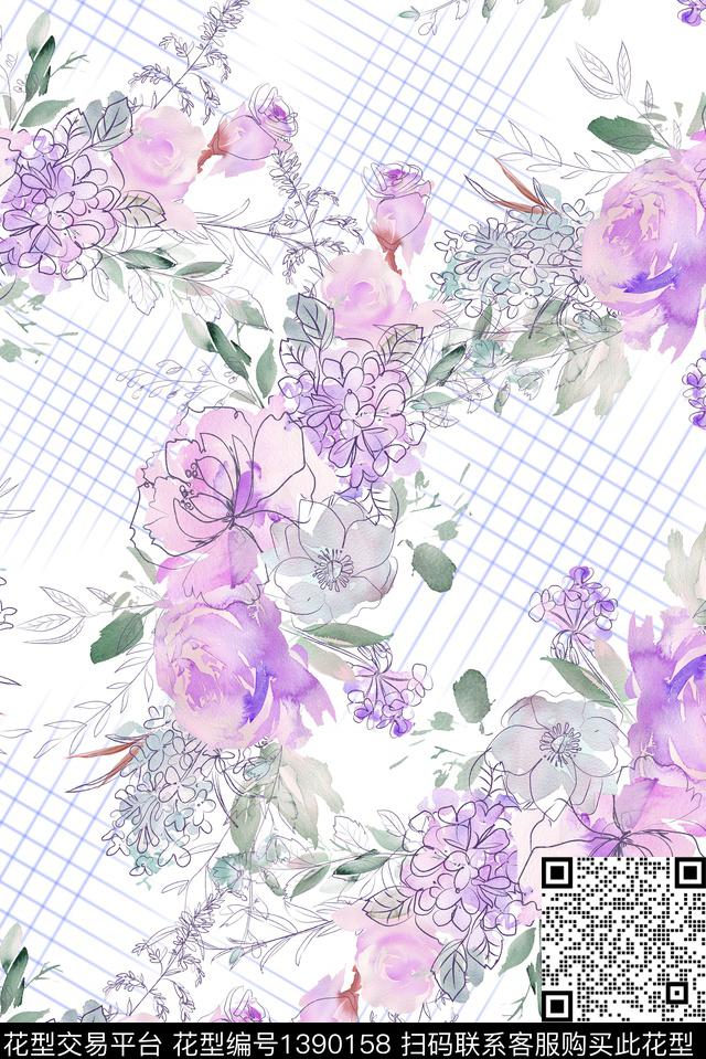 格子大牌风手绘玫瑰数码印花华亿平台下载（图片编号: 1390158） - 瓦栏（Walan）