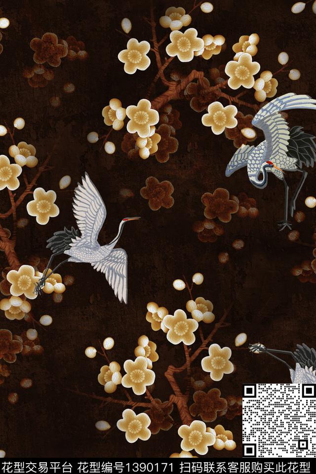 仙鹤花卉旗袍数码印花华亿平台下载（图片编号: 1390171） - 瓦栏（Walan）
