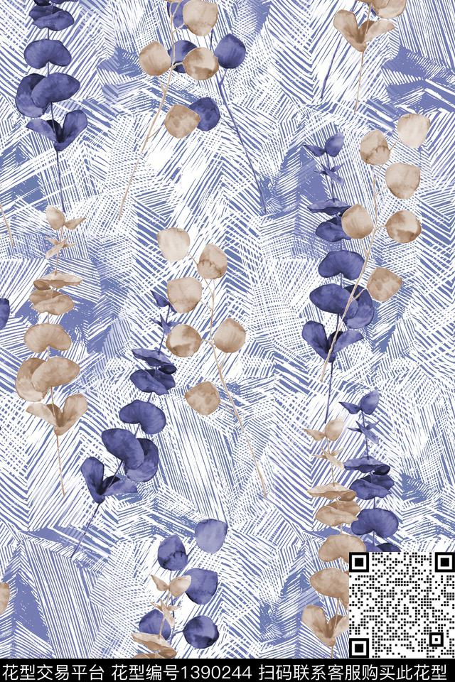 线条肌理绿植树叶数码印花华亿平台下载（图片编号: 1390244） - 瓦栏（Walan）