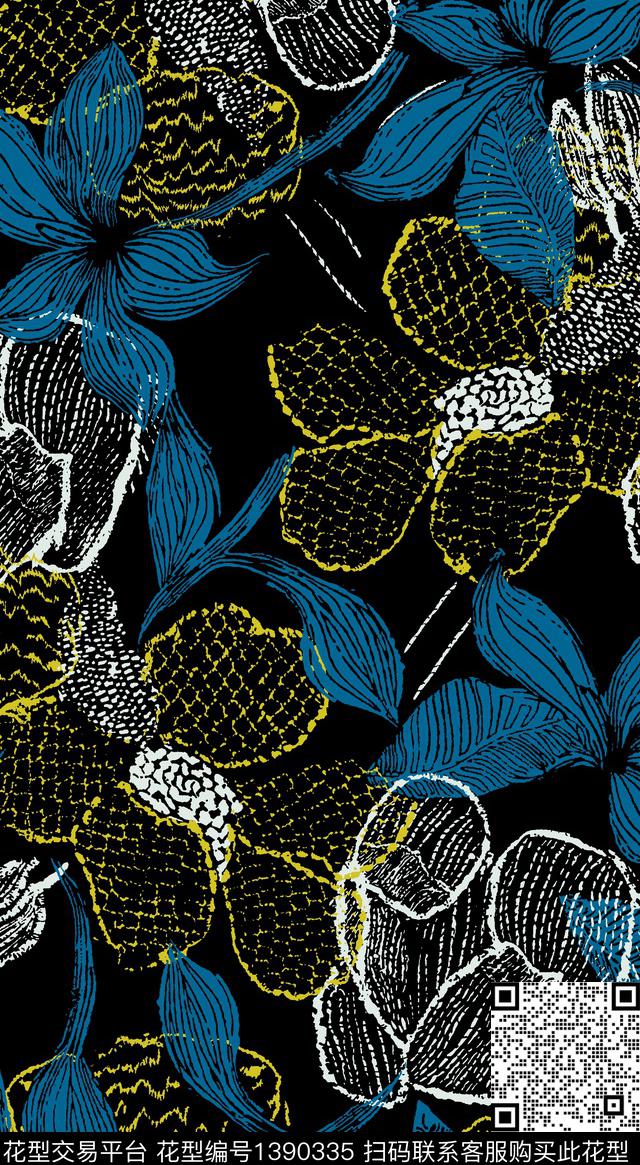 大花花卉真丝数码印花华亿平台下载（图片编号: 1390335） - 瓦栏（Walan）