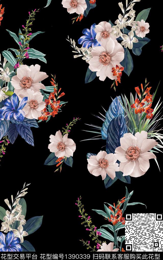 花卉黑底花卉数码印花华亿平台下载（图片编号: 1390339） - 瓦栏（Walan）