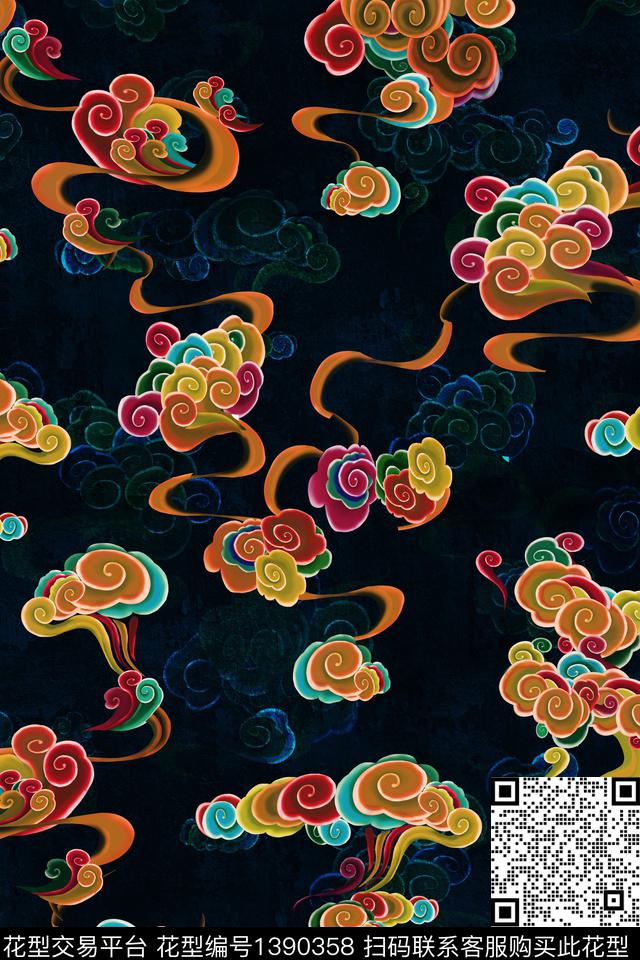 祥云旗袍大牌风数码印花华亿平台下载（图片编号: 1390358） - 瓦栏（Walan）