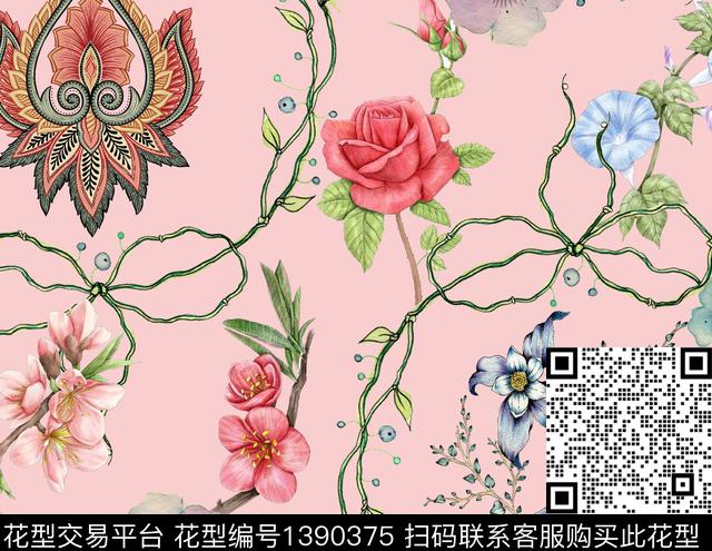 绿植树叶数码华亿平台抽象花卉数码印花华亿平台下载（图片编号: 1390375） - 瓦栏（Walan）