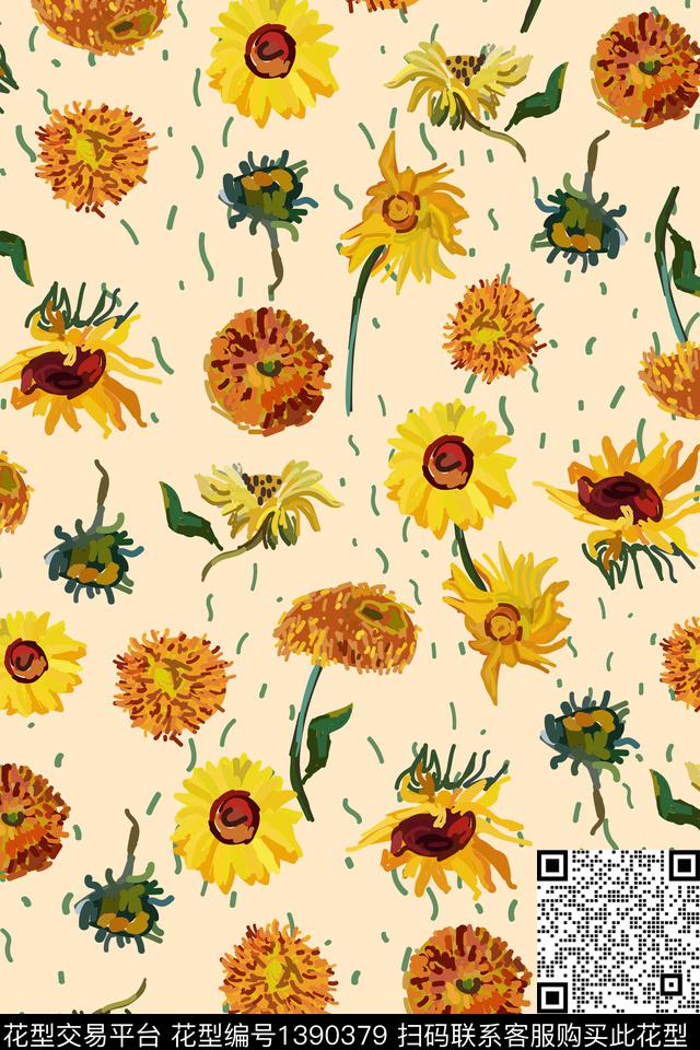 向日葵花卉大牌风数码印花华亿平台下载（图片编号: 1390379） - 瓦栏（Walan）
