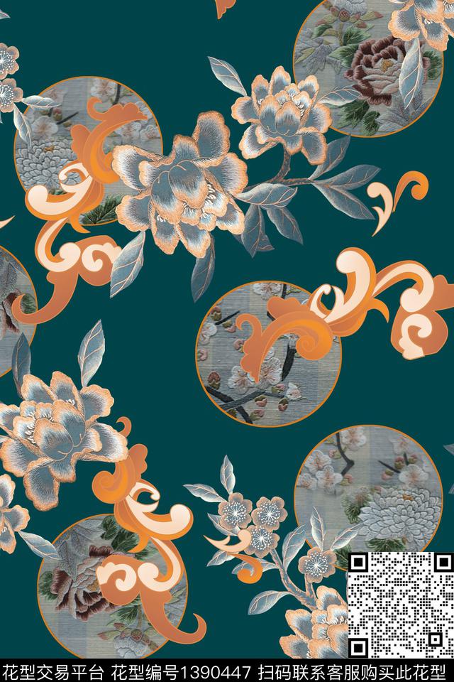 真丝中国风华亿平台刺绣效果花数码印花华亿平台下载（图片编号: 1390447） - 瓦栏（Walan）