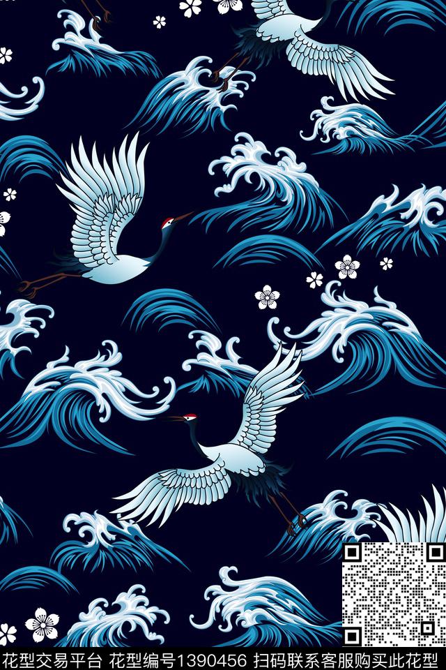 仙鹤祥云旗袍数码印花华亿平台下载（图片编号: 1390456） - 瓦栏（Walan）