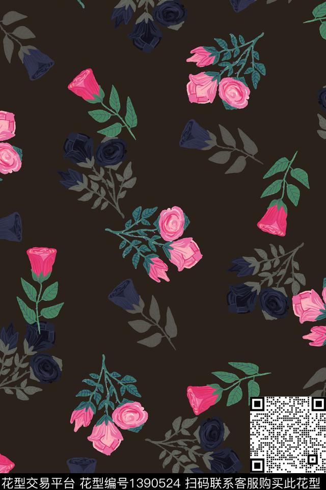 花卉配饰深色底数码印花华亿平台下载（图片编号: 1390524） - 瓦栏（Walan）