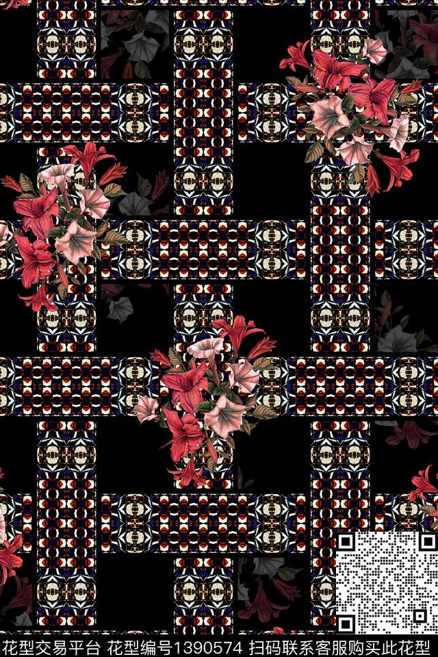 几何花卉大牌风数码印花华亿平台下载（图片编号: 1390574） - 瓦栏（Walan）