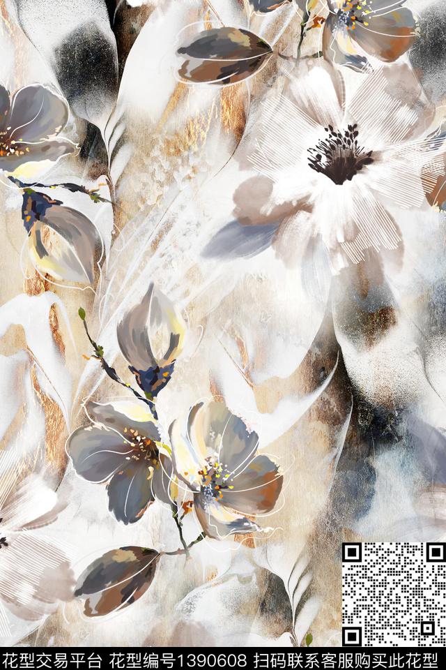 肌理抽象花卉花卉数码印花华亿平台下载（图片编号: 1390608） - 瓦栏（Walan）