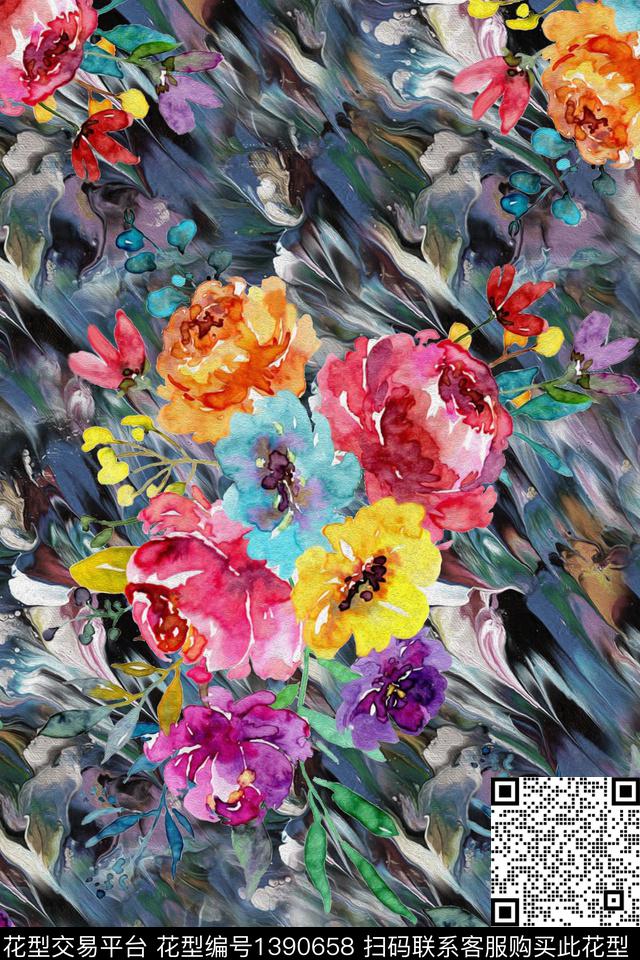 抽象花卉香云纱洋阳---花卉数码印花华亿平台下载（图片编号: 1390658） - 瓦栏（Walan）