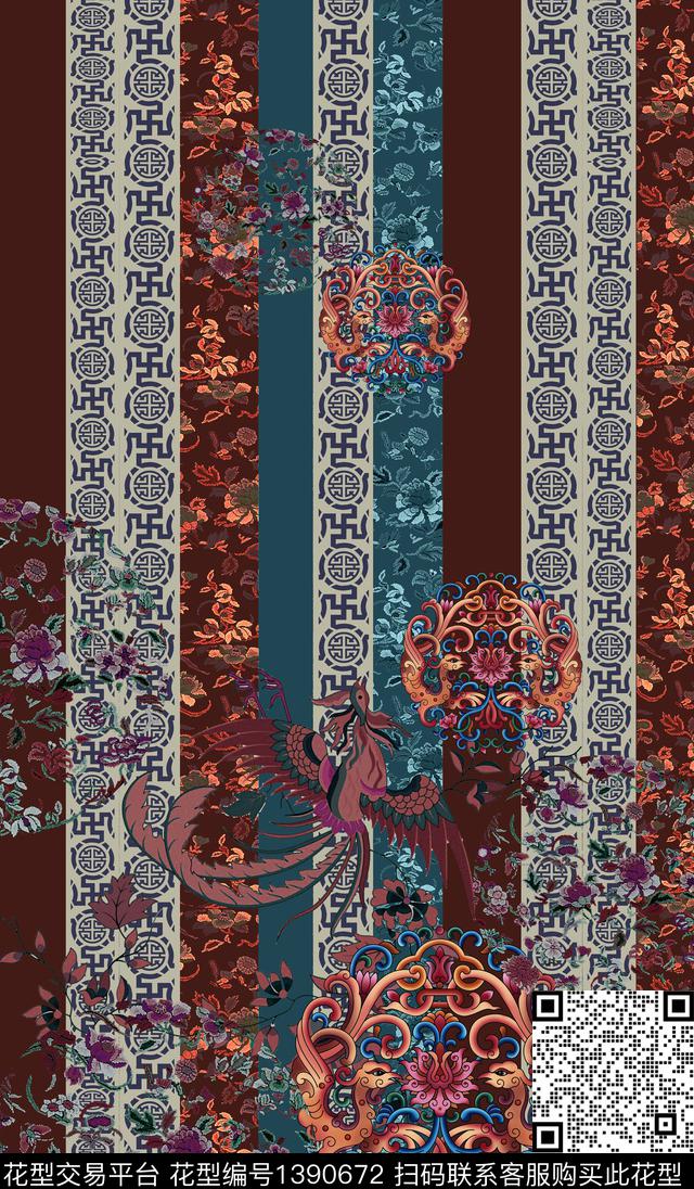 古典花纹凤凰单边定位风数码印花华亿平台下载（图片编号: 1390672） - 瓦栏（Walan）