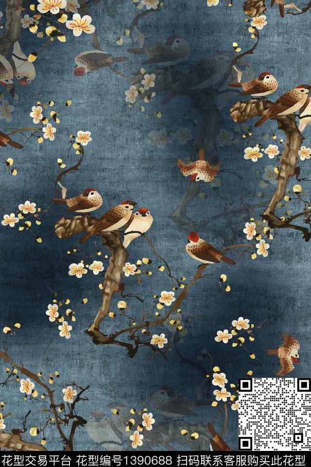 花鸟香云纱中老年数码印花华亿平台下载（图片编号: 1390688） - 瓦栏（Walan）