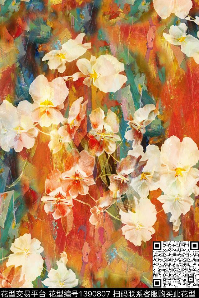 抽象花卉香云纱洋阳---花卉数码印花华亿平台下载（图片编号: 1390807） - 瓦栏（Walan）