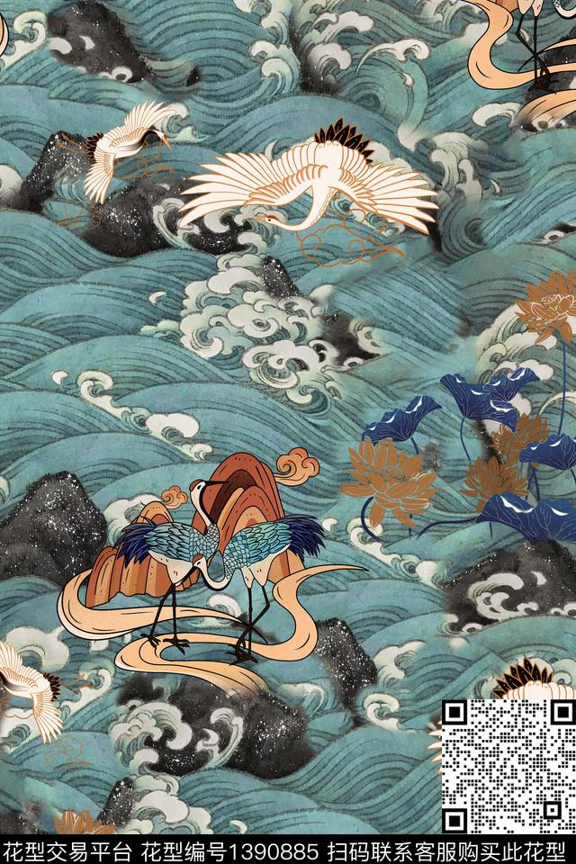 真丝仙鹤中国风华亿平台数码印花华亿平台下载（图片编号: 1390885） - 瓦栏（Walan）