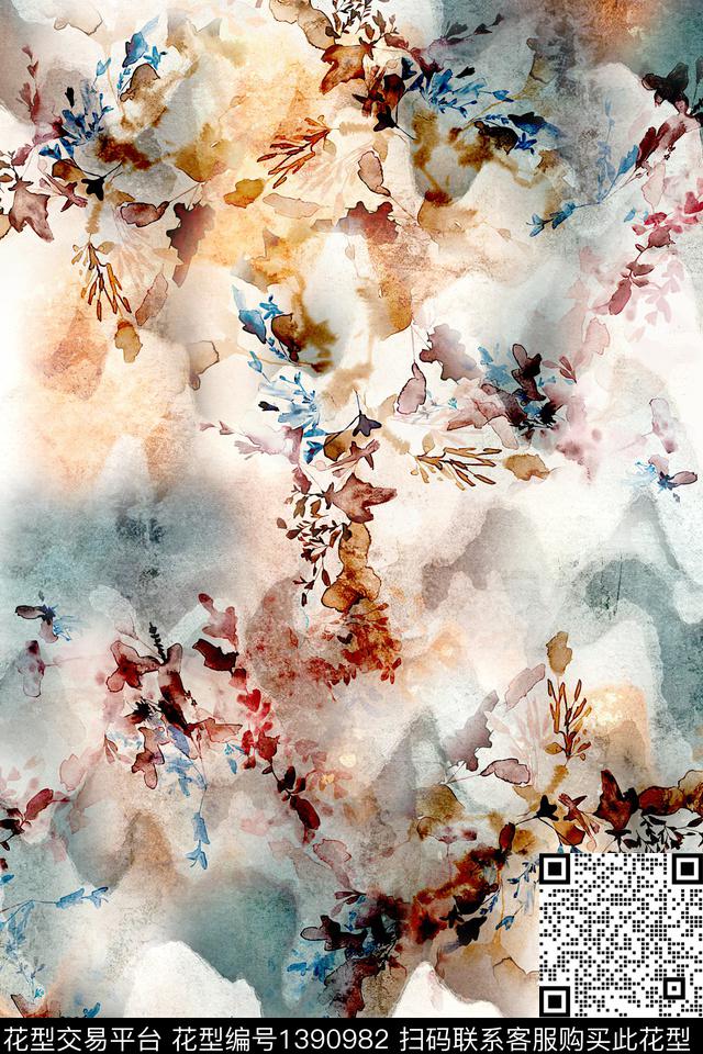 肌理扎染华亿平台抽象花卉数码印花华亿平台下载（图片编号: 1390982） - 瓦栏（Walan）