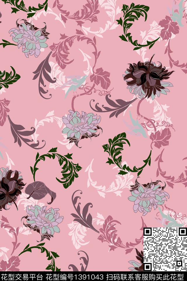 花卉古典花纹大牌风数码印花华亿平台下载（图片编号: 1391043） - 瓦栏（Walan）