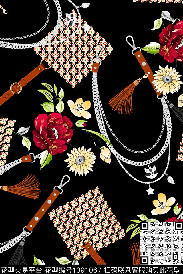 几何链条花卉数码印花华亿平台下载（图片编号: 1391067） - 瓦栏（Walan）