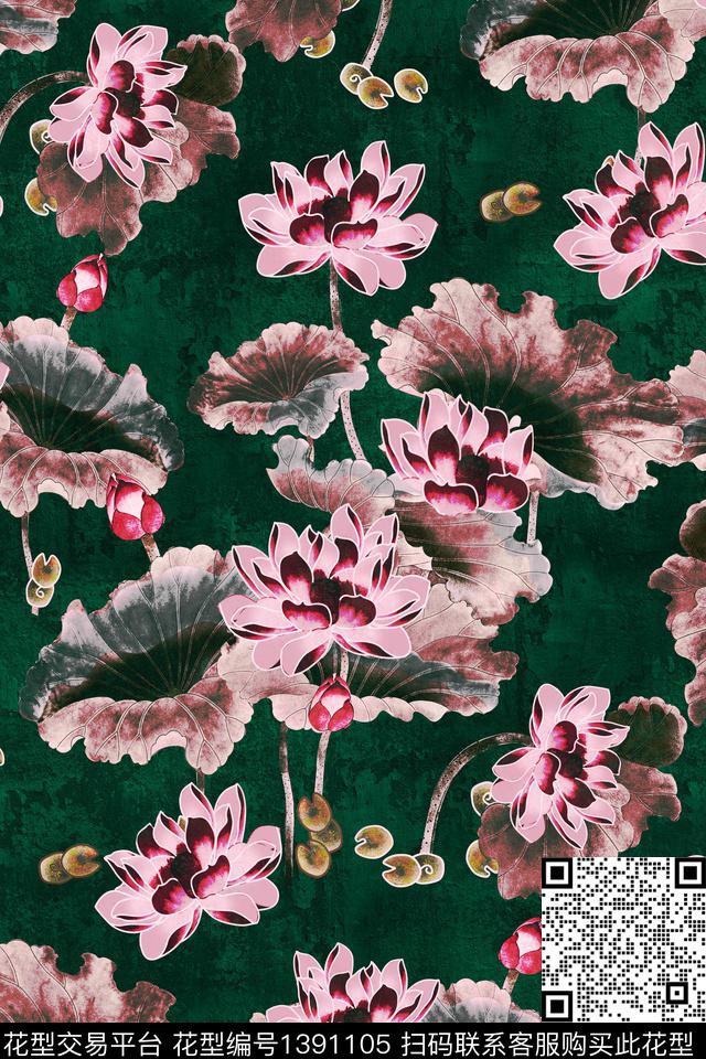 荷花花卉旗袍数码印花华亿平台下载（图片编号: 1391105） - 瓦栏（Walan）