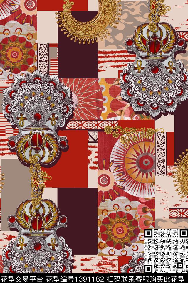 民族风大牌风几何拼贴花数码印花华亿平台下载（图片编号: 1391182） - 瓦栏（Walan）