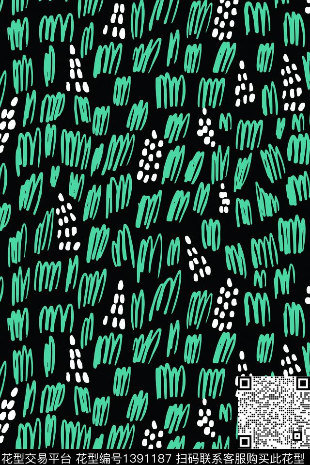 黑底花卉绿色黑白华亿平台传统印花华亿平台下载（图片编号: 1391187） - 瓦栏（Walan）