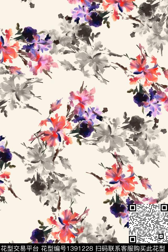 水彩花卉手绘数码印花华亿平台下载（图片编号: 1391228） - 瓦栏（Walan）