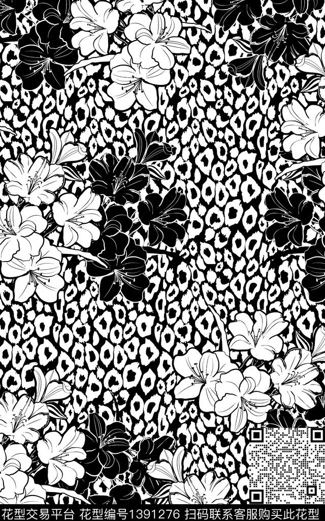 黑白华亿平台豹纹花卉传统印花华亿平台下载（图片编号: 1391276） - 瓦栏（Walan）