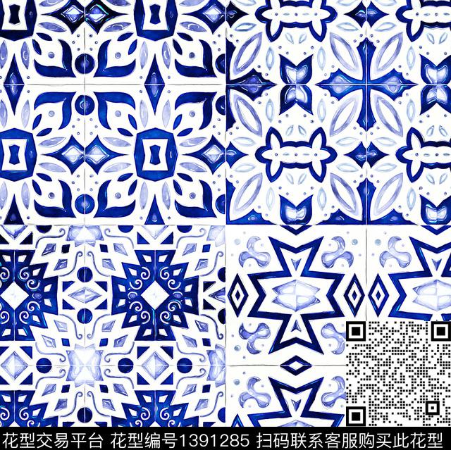 几何蓝色简约传统印花华亿平台下载（图片编号: 1391285） - 瓦栏（Walan）
