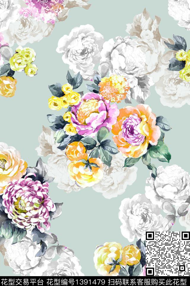 水彩花卉大牌风数码印花华亿平台下载（图片编号: 1391479） - 瓦栏（Walan）