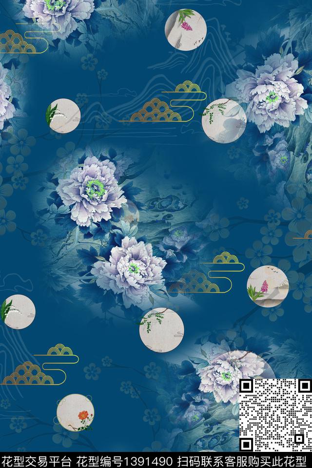 祥云花卉中国风数码印花华亿平台下载（图片编号: 1391490） - 瓦栏（Walan）