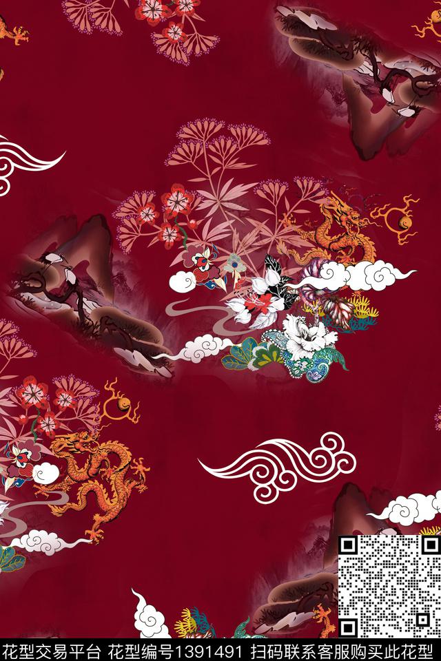 祥云花卉中国风数码印花华亿平台下载（图片编号: 1391491） - 瓦栏（Walan）
