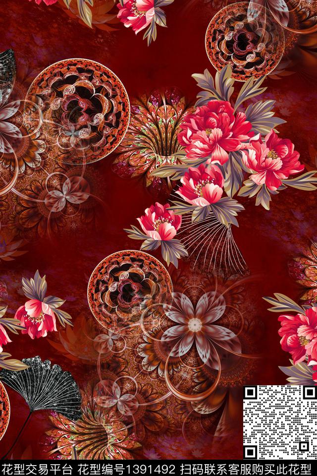祥云花卉中国风数码印花华亿平台下载（图片编号: 1391492） - 瓦栏（Walan）