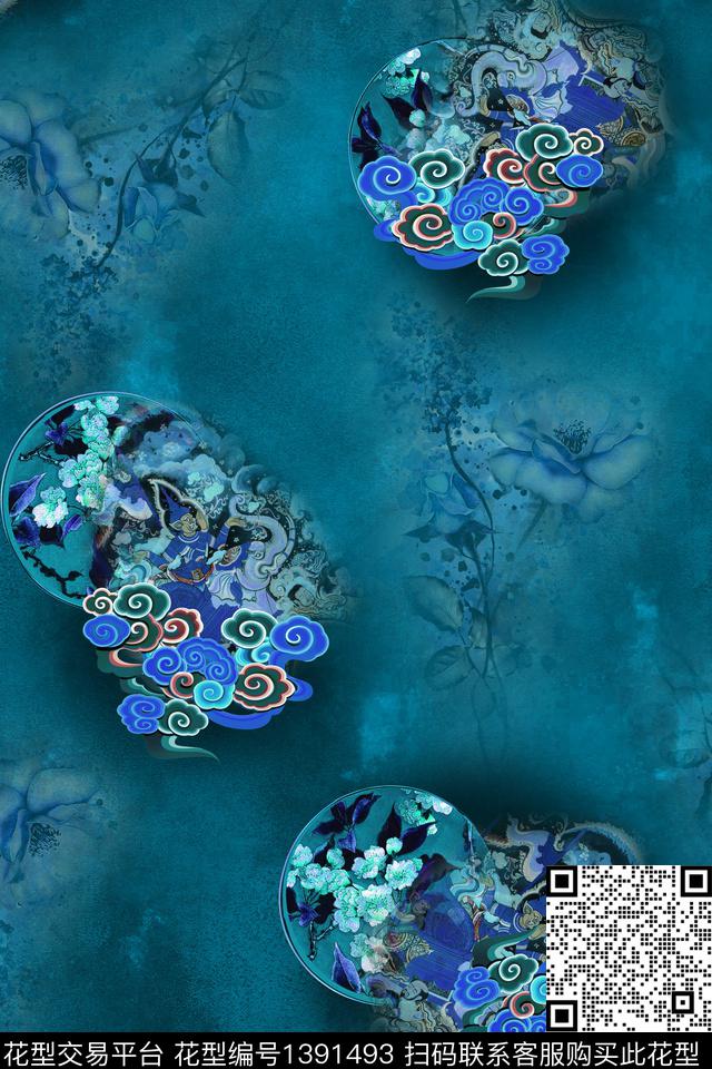 祥云花卉中国风数码印花华亿平台下载（图片编号: 1391493） - 瓦栏（Walan）