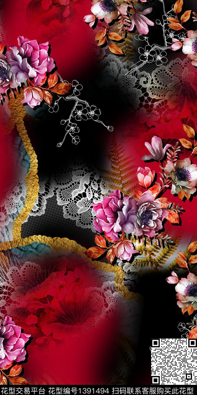 花卉大牌风抽象数码印花华亿平台下载（图片编号: 1391494） - 瓦栏（Walan）