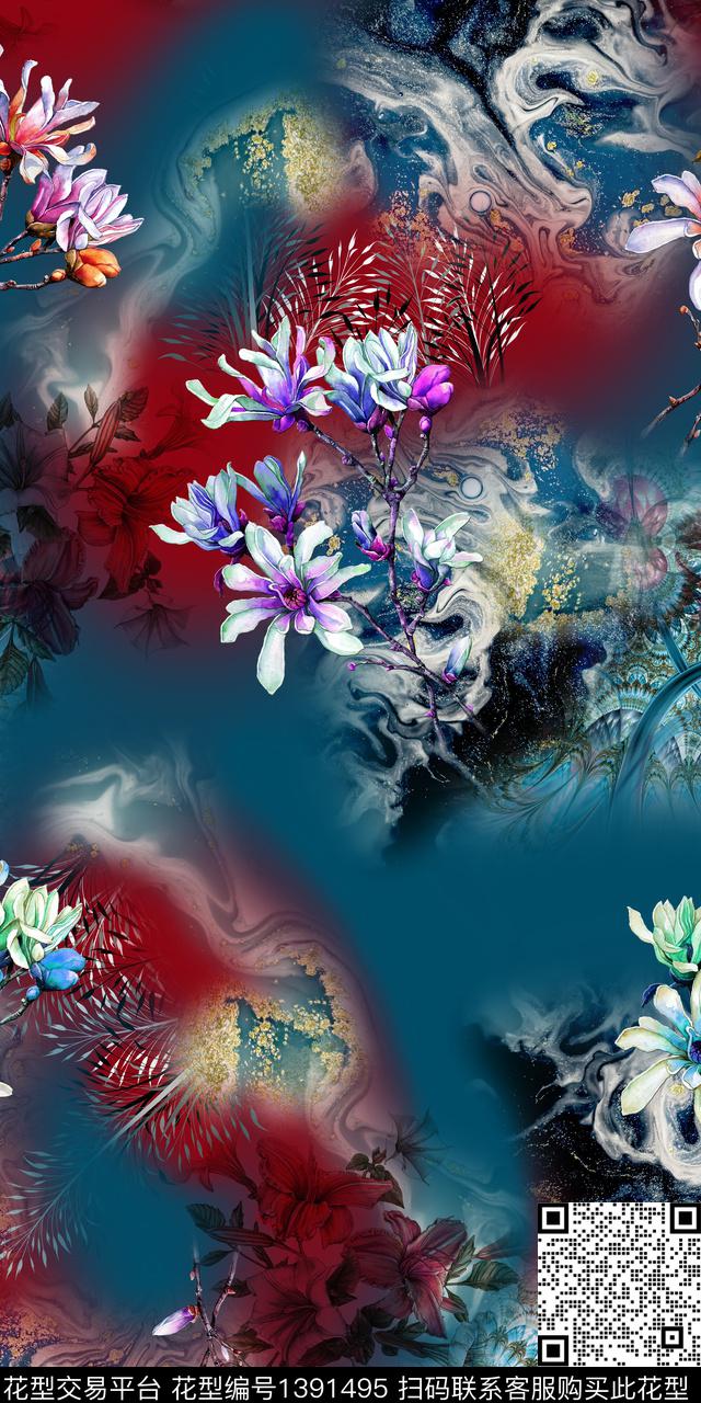 花卉大牌风抽象数码印花华亿平台下载（图片编号: 1391495） - 瓦栏（Walan）