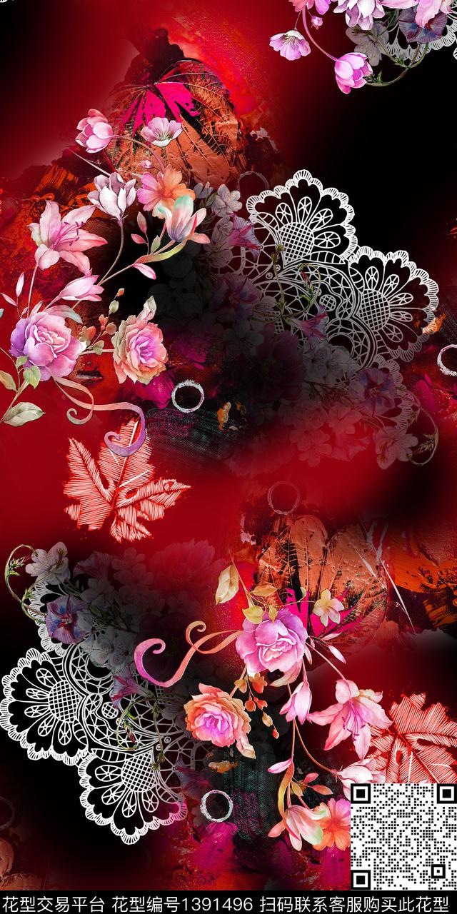 花卉大牌风抽象数码印花华亿平台下载（图片编号: 1391496） - 瓦栏（Walan）
