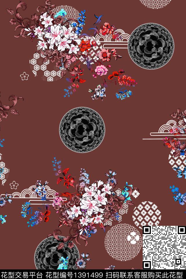 花卉中国风数码印花华亿平台下载（图片编号: 1391499） - 瓦栏（Walan）