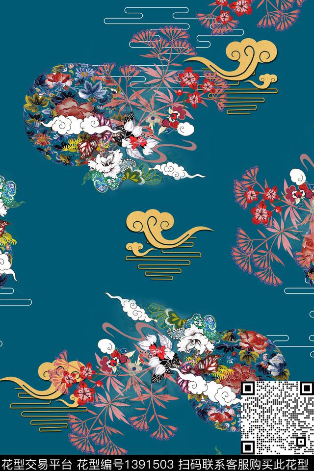 祥云花卉中国风数码印花华亿平台下载（图片编号: 1391503） - 瓦栏（Walan）