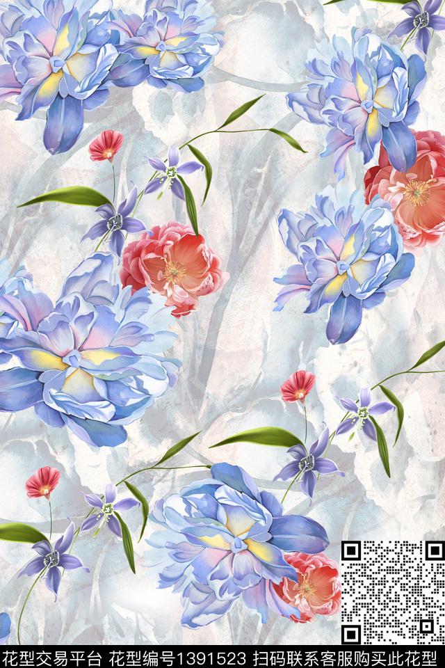 花卉大牌风香云纱数码印花华亿平台下载（图片编号: 1391523） - 瓦栏（Walan）