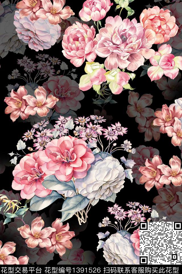 黑底花卉花卉大牌风数码印花华亿平台下载（图片编号: 1391526） - 瓦栏（Walan）