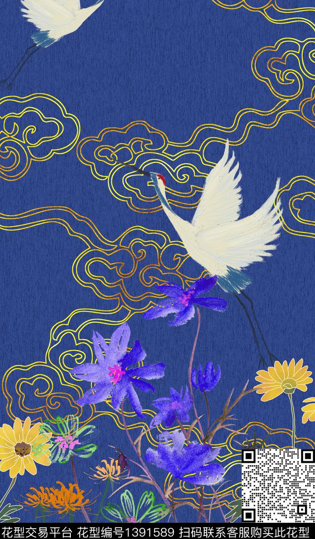 定位花中国风仙鹤数码印花华亿平台下载（图片编号: 1391589） - 瓦栏（Walan）