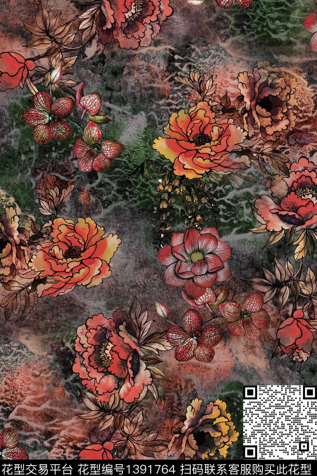 复古花卉大牌风数码印花华亿平台下载（图片编号: 1391764） - 瓦栏（Walan）