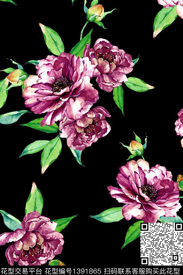 时尚黑底花卉大牌风数码印花华亿平台下载（图片编号: 1391865） - 瓦栏（Walan）