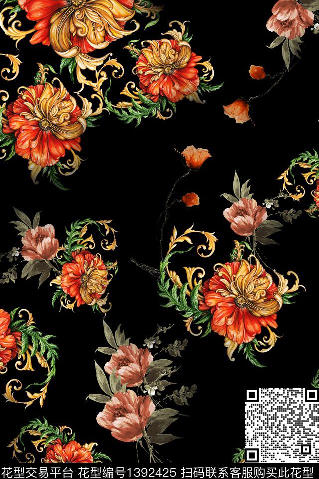 黑底花卉花卉大牌风数码印花华亿平台下载（图片编号: 1392425） - 瓦栏（Walan）