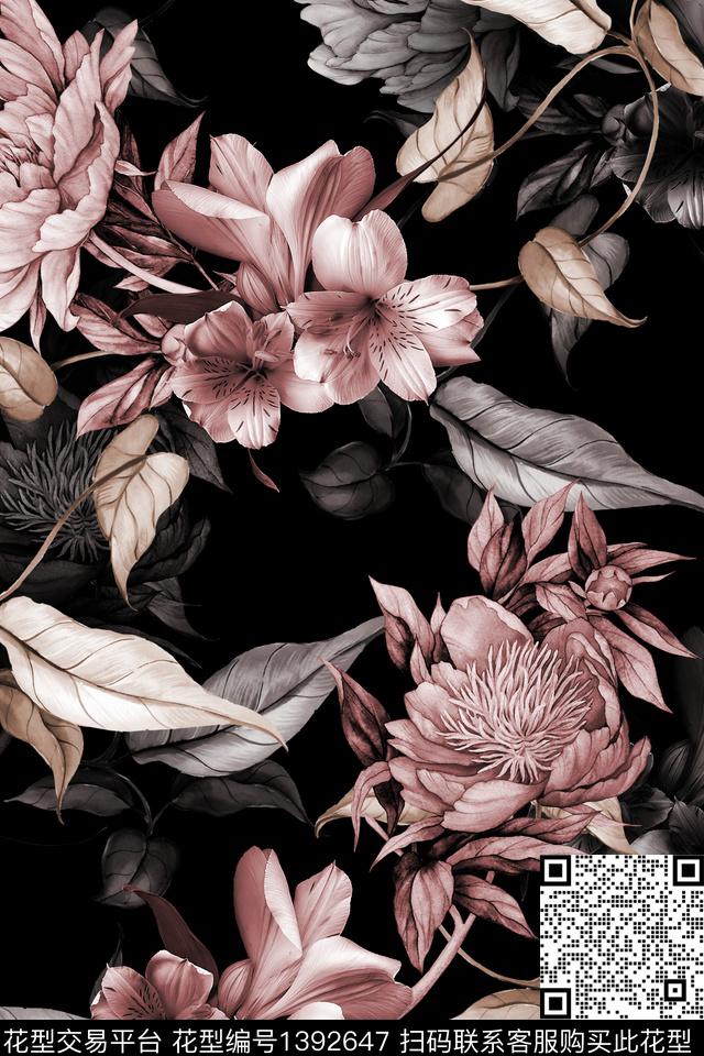 黑底花卉花卉大牌风数码印花华亿平台下载（图片编号: 1392647） - 瓦栏（Walan）
