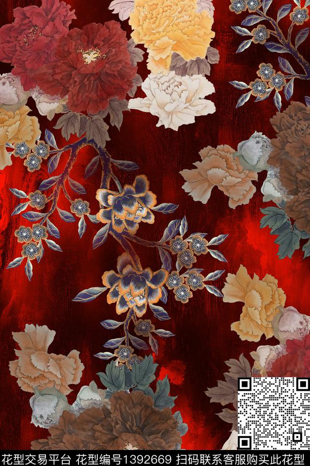 香云纱大花中国风数码印花华亿平台下载（图片编号: 1392669） - 瓦栏（Walan）