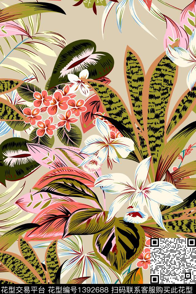 植物热带华亿平台真丝数码印花华亿平台下载（图片编号: 1392688） - 瓦栏（Walan）